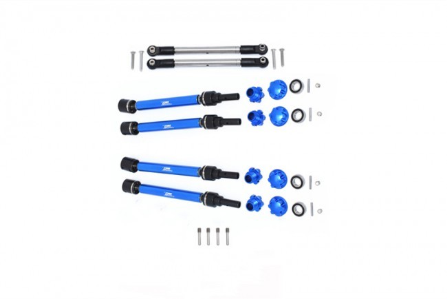 Gpm Racing TXMS143FRS Aluminum F / R Cvd Drive Shaft / Hex Adapter / Wheel Lock Steel Adjustable Front Steering Tie Rod For 1/10 Traxxas Maxx +20mm Widening Kit Blue