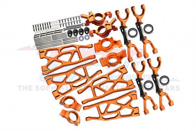Gpm TXM100A Aluminum Front & Rear Upper Lower Arms Front C Hubs Front & Rear Oversized Knuckle Arms Set Traxxas Rc 1/5 4wd X-maxx 6s 8s Monster Truck Orange