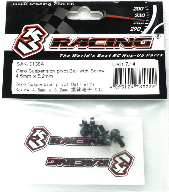 3racing SAK-C138A Suspension Pivot Ball With Screw 4.5mm X 5.2mm - Steel 1/10 Rc Cero Ultra / Fwd  Car 