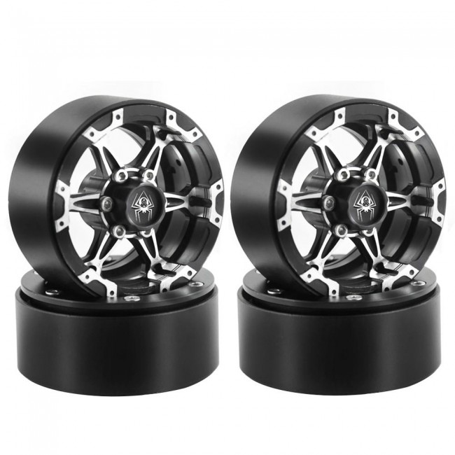 1.9 Inch Beadlock Wheel Rim Set Spider Pattern 1/10 Rc Traxxas Trx-4 Axial Scx10 Crawler Black / Silver