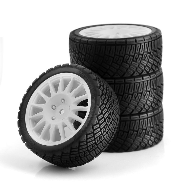 Tire And Wheel Rim Set Rally Style For 1/10 Rc Tamiya Tt01 Tt02 Ta06 Xv01 Onroad Truck White