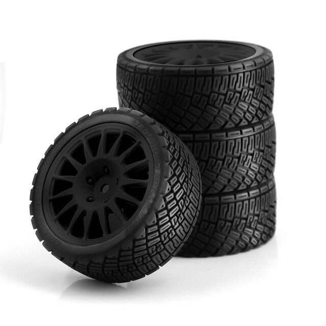Tire And Wheel Rim Set Rally Style For 1/10 Rc Tamiya Tt01 Tt02 Ta06 Xv01 Onroad Truck Black