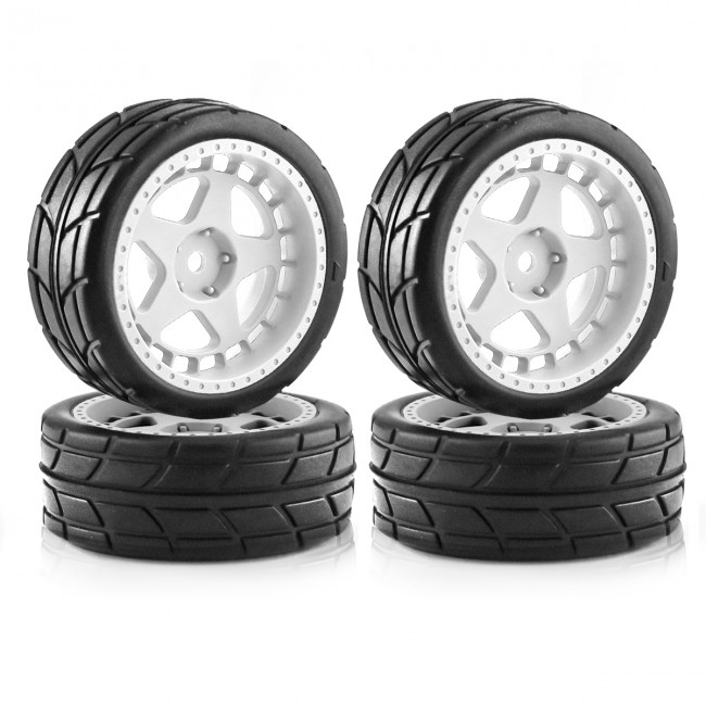 Rubber Tire & Wheel Set 65 X 25mm For 1/10 Rc Tamiya Tt01 Tt01e Tt02 Xv01 Xv02 Ta06 Car White