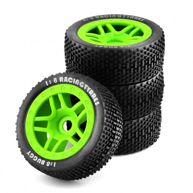 Rubber Tire And Rim Set 17mm Hex 113x43mm For Kyosho Mp10 Team Losi Hpi Racing Buggy Green
