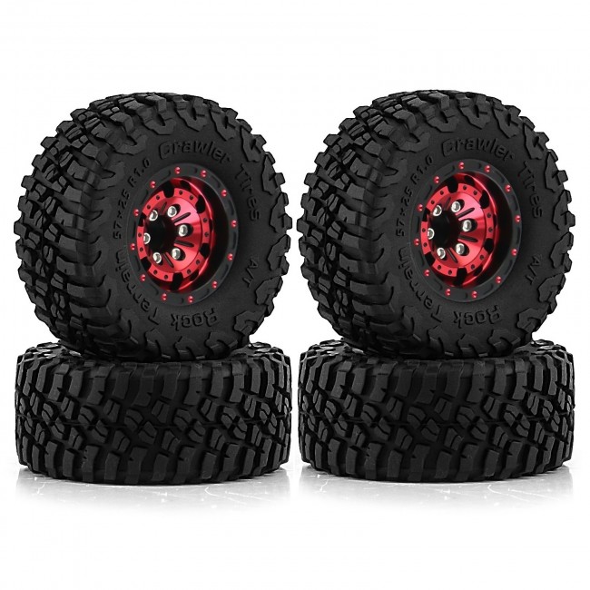 Rubber Tire And Aluminum Rim Set Type C 1 Inch 57 X 25mm For 1/18 Traxxas Trx-4m / 1/24 Axial Racing Scx24 Crawler Red