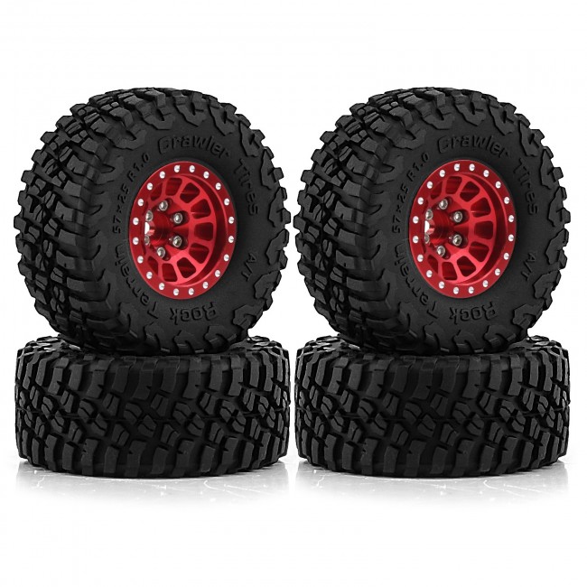 Rubber Tire And Aluminum Rim Set Type E 1 Inch 57 X 25mm For 1/18 Traxxas Trx-4m / 1/24 Axial Racing Scx24 Crawler Red