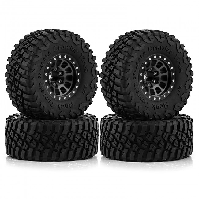 Rubber Tire And Aluminum Rim Set Type E 1 Inch 57 X 25mm For 1/18 Traxxas Trx-4m / 1/24 Axial Racing Scx24 Crawler Black
