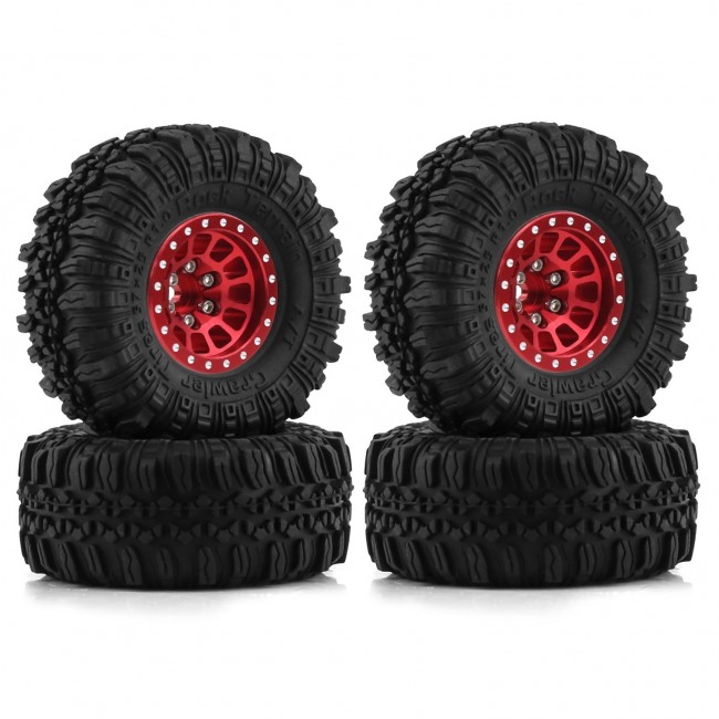 Rubber Tire And Aluminum Rim Set Type F 1 Inch 57 X 25mm For 1/18 Traxxas Trx-4m / 1/24 Axial Racing Scx24 Crawler Red