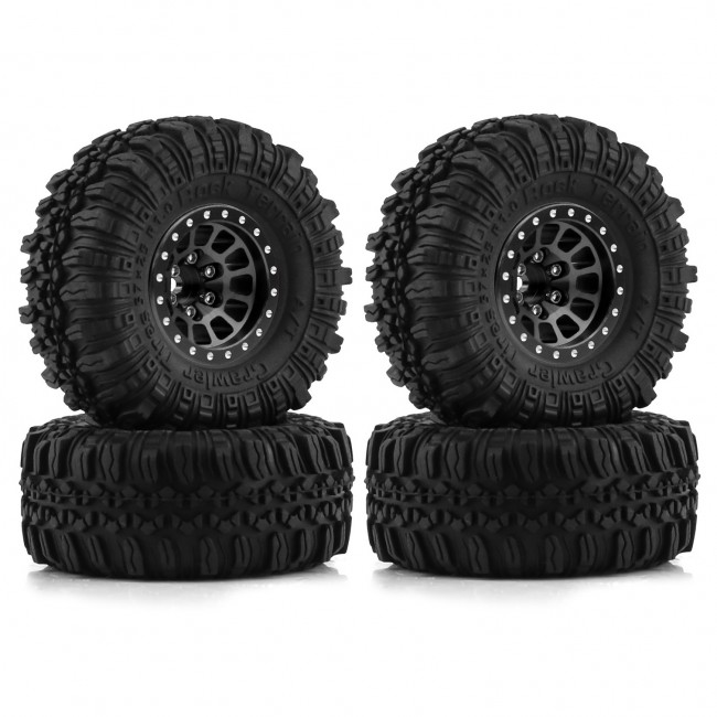 Rubber Tire And Aluminum Rim Set Type F 1 Inch 57 X 25mm For 1/18 Traxxas Trx-4m / 1/24 Axial Racing Scx24 Crawler Black