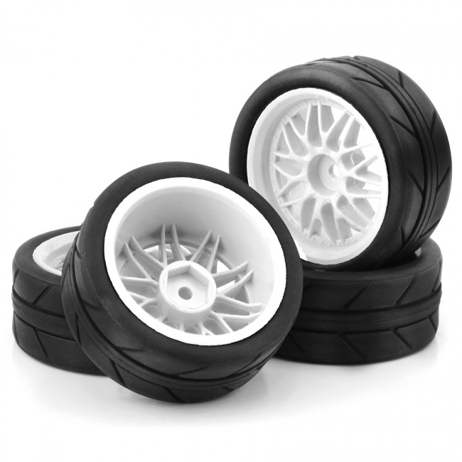 Rubber Tire & Rim Set Bbs 52 X 26mm For 1/10 Tamiya Tt01 Tt02 Hpi Racing Rs4 Sport 3 Car White