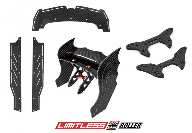 Combo Set Carbon Fiber Wing Mount Front Splitter Side Skirt Shock Tower For Arrma 1/7 Limitless Roller Red Edition