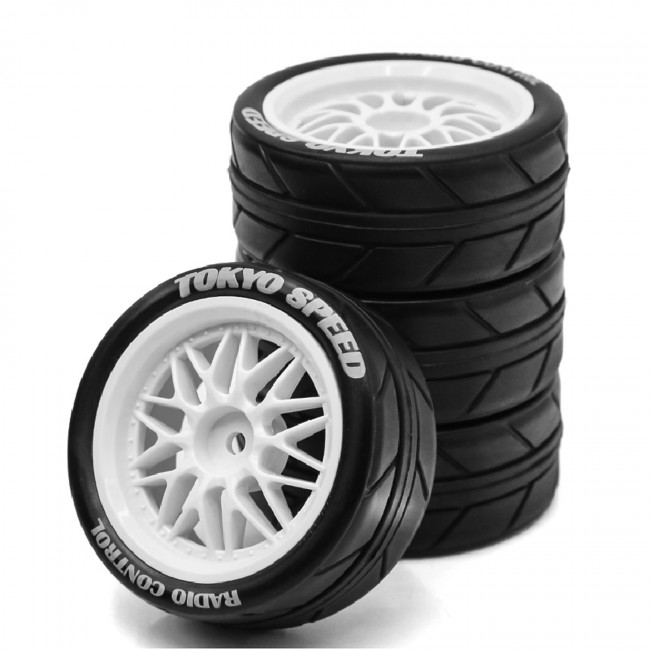 Rally Rubber Tire & Rim Set 65 X 28mm 12mm Hex For 1/10 Rc Tamiya Tt01 Tt01e Tt02 Xv01 Xv02 Rally Truck White