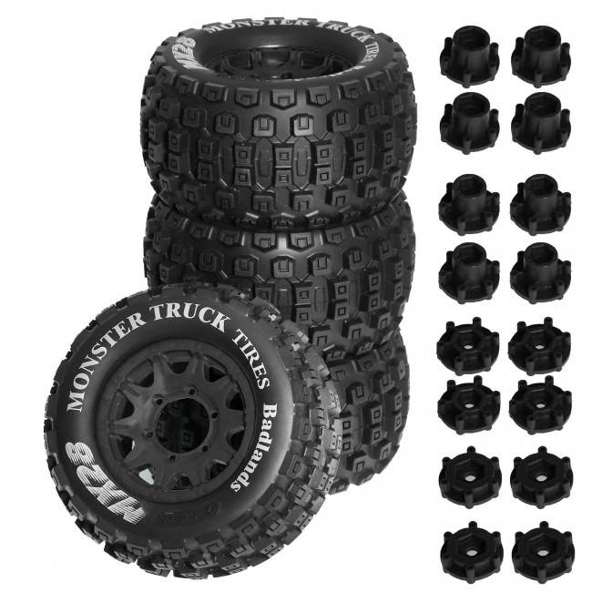 Monster Truck Rubber Tire & Rim Set Mx28a 128 X 68mm With 12 / 14mm Hex For 1/10 Traxxas Maxx Arrma Granite Kraton Truck Black