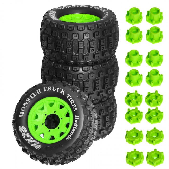 Monster Truck Rubber Tire & Rim Set Mx28a 128 X 68mm With 12 / 14mm Hex For 1/10 Traxxas Maxx Arrma Granite Kraton Truck Green