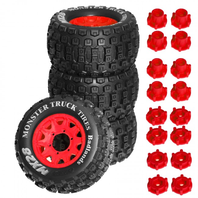 Monster Truck Rubber Tire & Rim Set Mx28a 128 X 68mm With 12 / 14mm Hex For 1/10 Traxxas Maxx Arrma Granite Kraton Truck Red