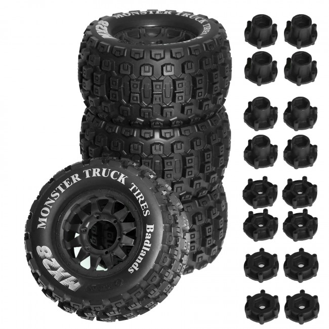 Monster Truck Rubber Tire & Rim Set Mx28b 128 X 68mm With 12 / 14mm Hex For 1/10 Traxxas Maxx Arrma Granite Kraton Truck Black
