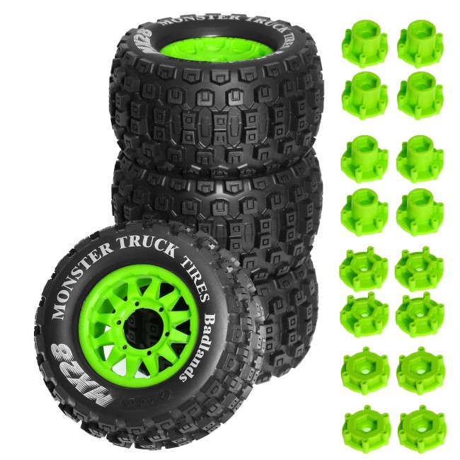 Monster Truck Rubber Tire & Rim Set Mx28b 128 X 68mm With 12 / 14mm Hex For 1/10 Traxxas Maxx Arrma Granite Kraton Truck Green