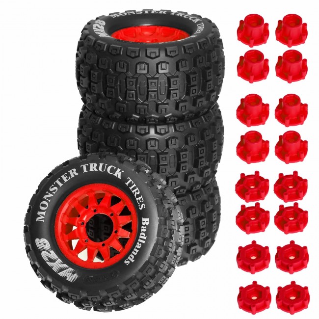 Monster Truck Rubber Tire & Rim Set Mx28b 128 X 68mm With 12 / 14mm Hex For 1/10 Traxxas Maxx Arrma Granite Kraton Truck Red