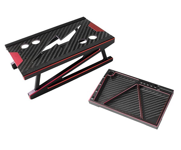 Aluminum & Carbon Fiber Setup Stand With Screw Tray Set For 1/10 Rc Touring Short Course Car Black W/ Red