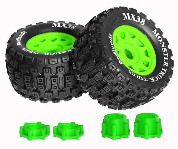 Rubber Tire And Rim Set 2pcs Mx38 3.8 Inch Badlands 17mm Hex Adaptor For 1/7 1/8 Traxxas E-revo Arrma Kraton Green
