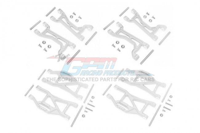 Gpm TXMS5455 Aluminium Front And Rear Upper And Lower Arms Combo Set Traxxas Maxx Silver